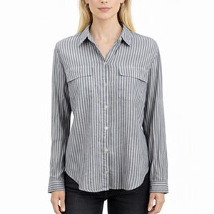 Joie Blue Chambray Vertical Striped Shirt Flap Pockets Boxy 100% Cotton Size S